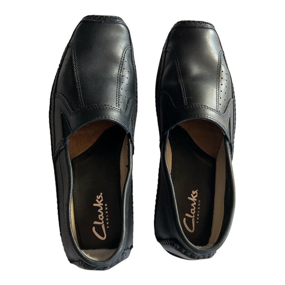 Clarks England Men’s Driving Loafers Black Leather Shoes Moc Slip On Toe Size 10 - Picture 1 of 8